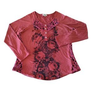 One World Y2K Red Black Gothic Floral Long Sleeve Knit Blouse Large